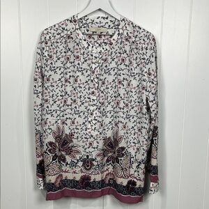 Loft Womens Tunic L Purple White Floral 5 Button Down Side Slits Classy Flowy
